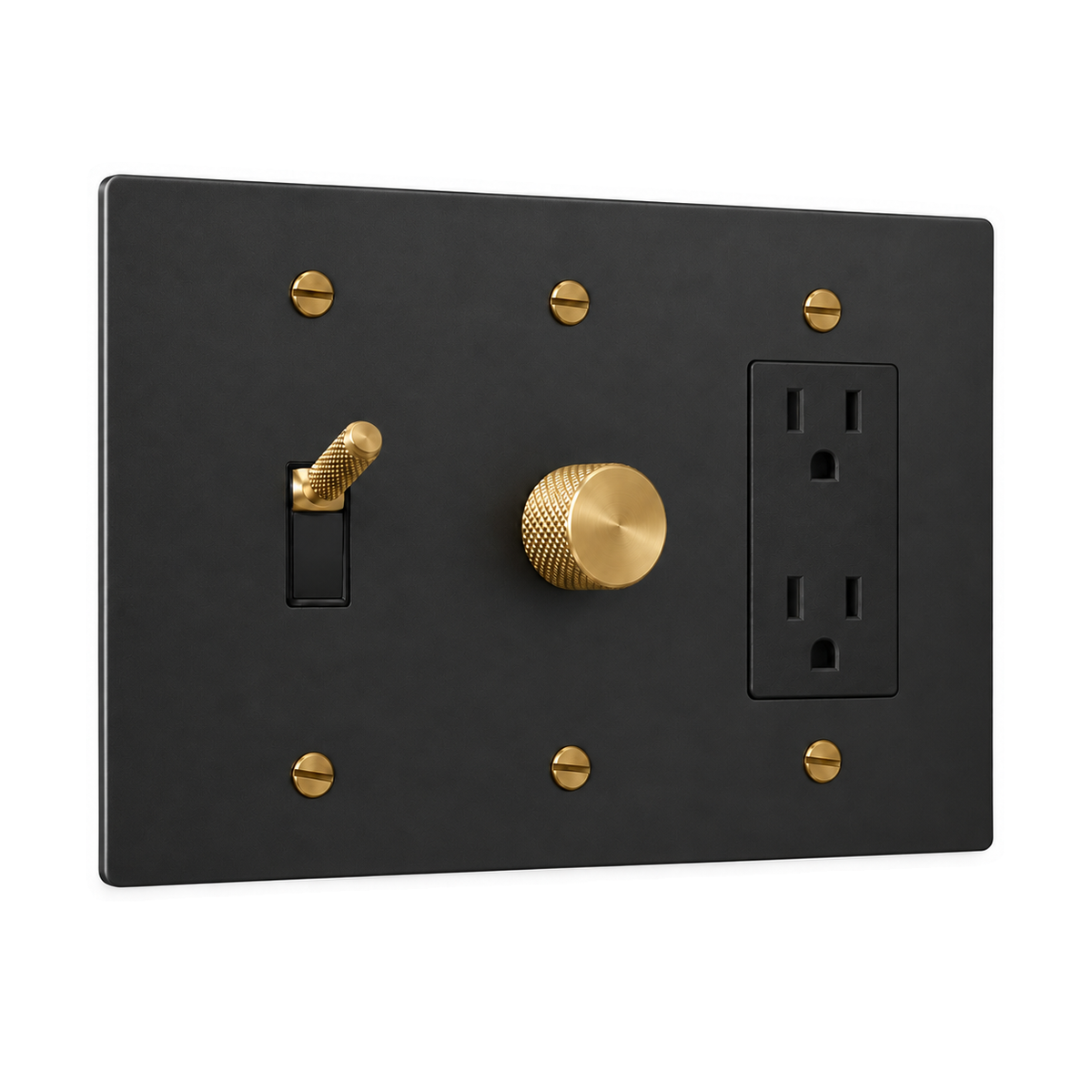 3-Gang Knurled Brass Toggle Light Switch, Dimmer & Duplex Outlet in Black with Brass Accents; 1 toggle + 1 rotary dimmer + 1 duplex outlet on a white background