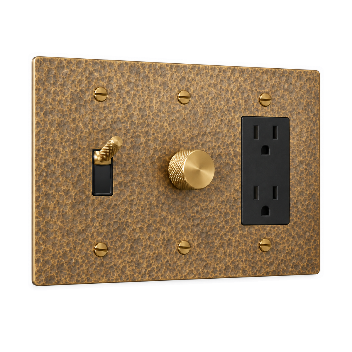 3-Gang Knurled Brass Toggle Light Switch, Dimmer & Duplex Outlet in Hammered Antique Brass; 1 toggle + 1 rotary dimmer + 1 duplex outlet on a white background