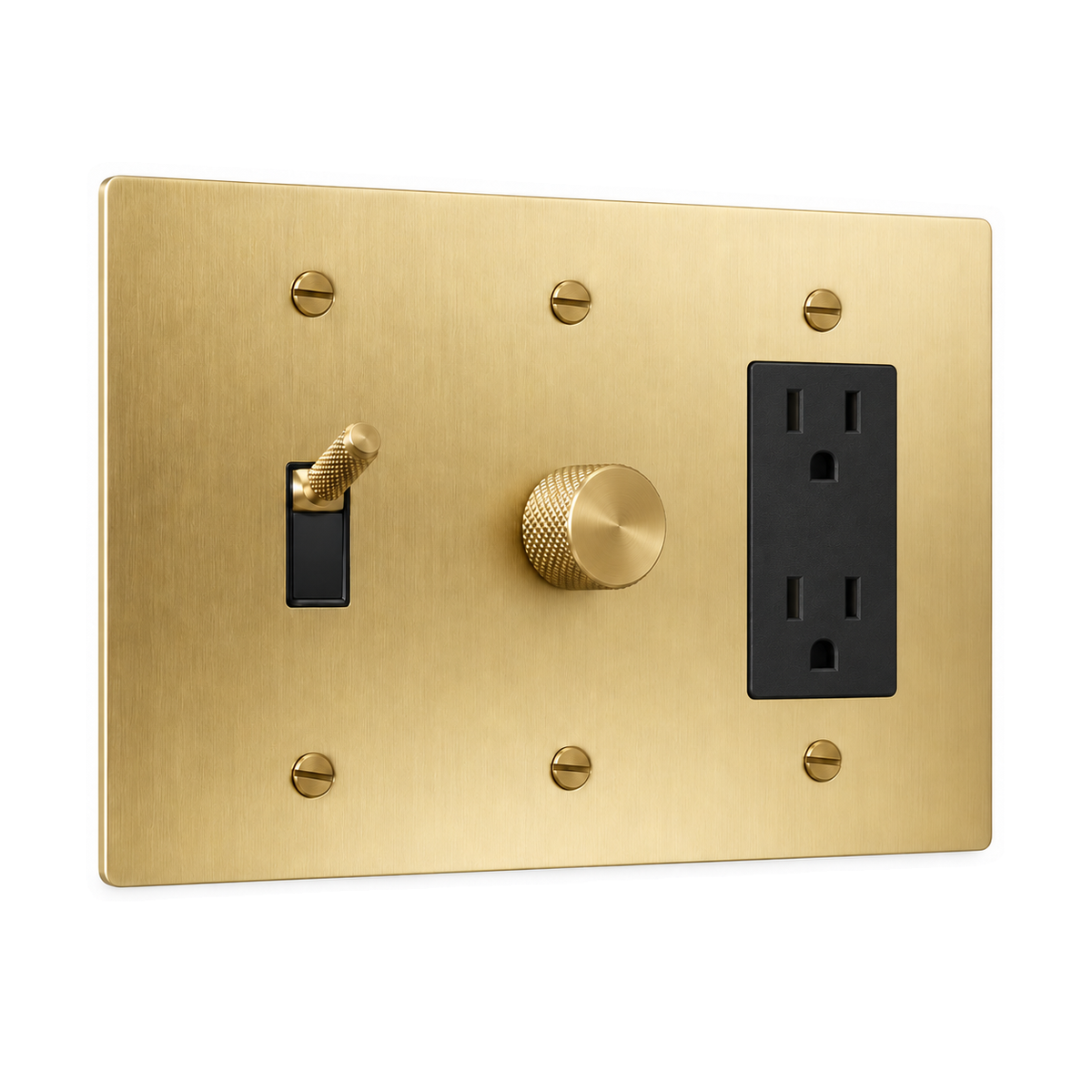 3-Gang Knurled Brass Toggle Light Switch, Dimmer & Duplex Outlet in Satin Brass; 1 toggle + 1 rotary dimmer + 1 duplex outlet on a white background