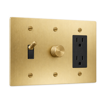 3-Gang Knurled Brass Toggle Light Switch, Dimmer & Duplex Outlet in Satin Brass; 1 toggle + 1 rotary dimmer + 1 duplex outlet on a white background