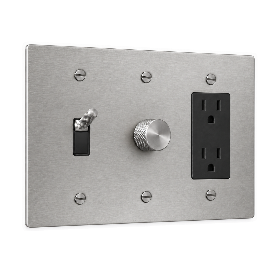 3-Gang Knurled Brass Toggle Light Switch, Dimmer & Duplex Outlet in Stainless Steel; 1 toggle + 1 rotary dimmer + 1 duplex outlet on a white background