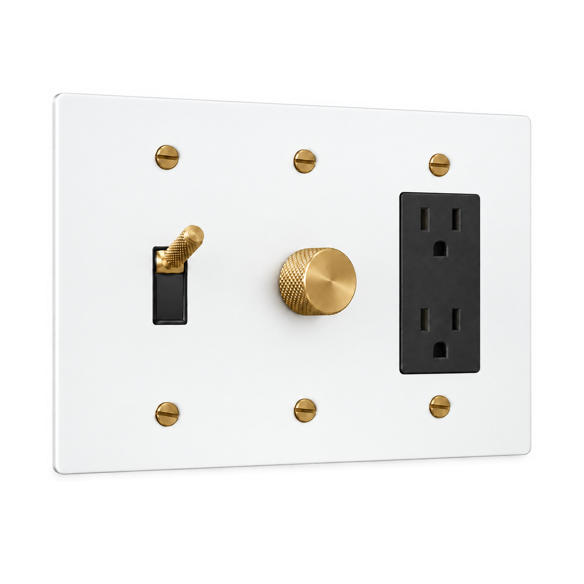 3-Gang Knurled Brass Toggle Light Switch, Dimmer & Duplex Outlet in White with Brass Accents; 1 toggle + 1 rotary dimmer + 1 duplex outlet on a white background
