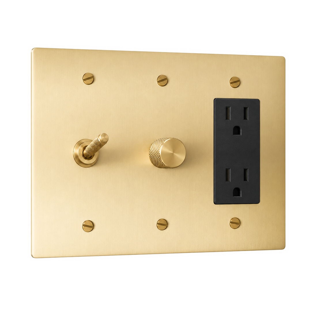 3-Gang Solid Brass Knurled Toggle Light Switch, Dimmer & Duplex Outlet in Satin Brass; 1 toggle + 1 rotary dimmer + 1 duplex outlet on a white background