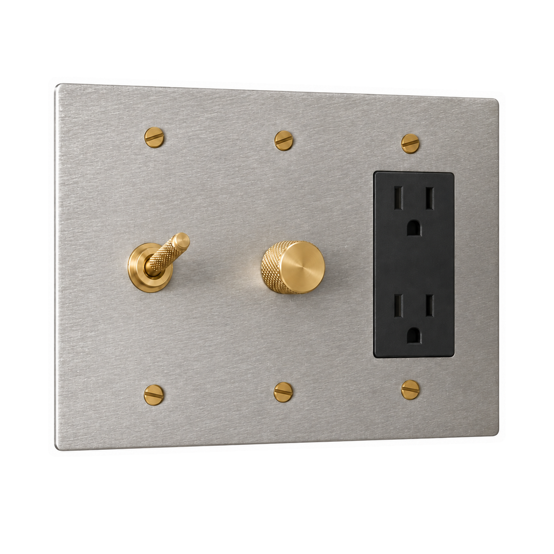 3-Gang Solid Brass Knurled Toggle Light Switch, Dimmer & Duplex Outlet in Stainless Steel; 1 toggle + 1 rotary dimmer + 1 duplex outlet on a white background