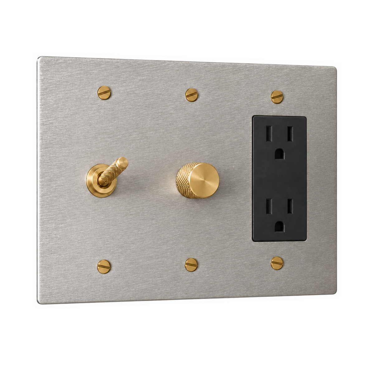 3-Gang Solid Brass Knurled Toggle Light Switch, Dimmer & Duplex Outlet in Stainless Steel; 1 toggle + 1 rotary dimmer + 1 duplex outlet on a white background