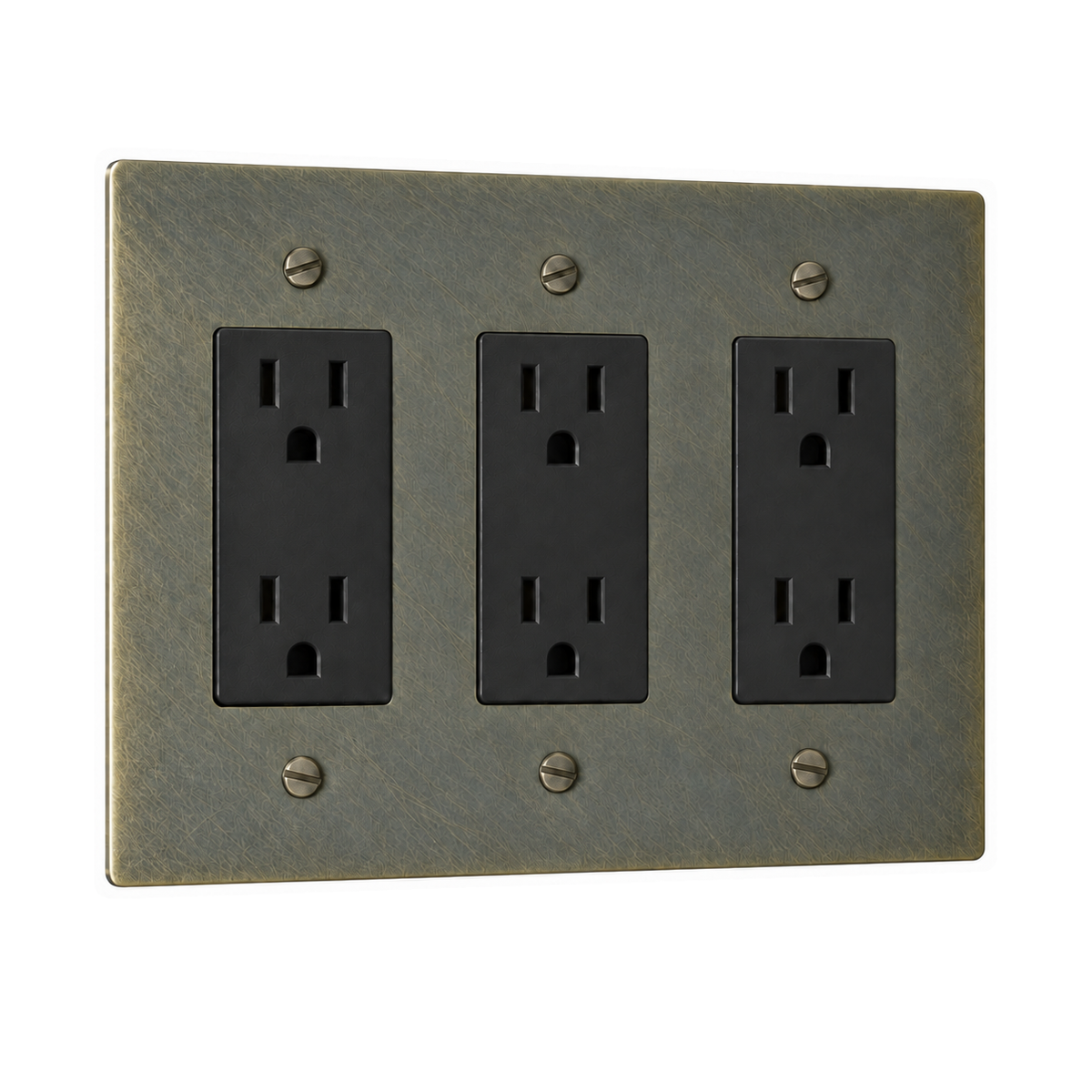 3-Gang Solid Brass Duplex Outlets — 6 Receptacles in Aged Bronze (Hand-Brushed); 3 duplex outlets on a white background
