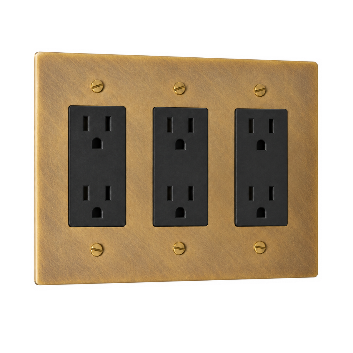 3-Gang Solid Brass Duplex Outlets — 6 Receptacles in Antique Brass (Hand-Brushed); 3 duplex outlets on a white background