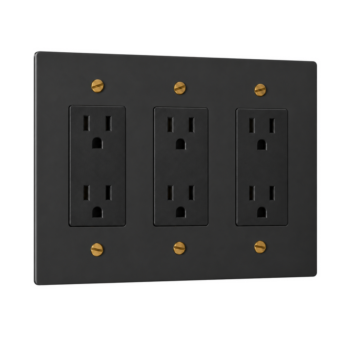 3-Gang Solid Brass Duplex Outlets — 6 Receptacles in Black with Brass Accents; 3 duplex outlets on a white background