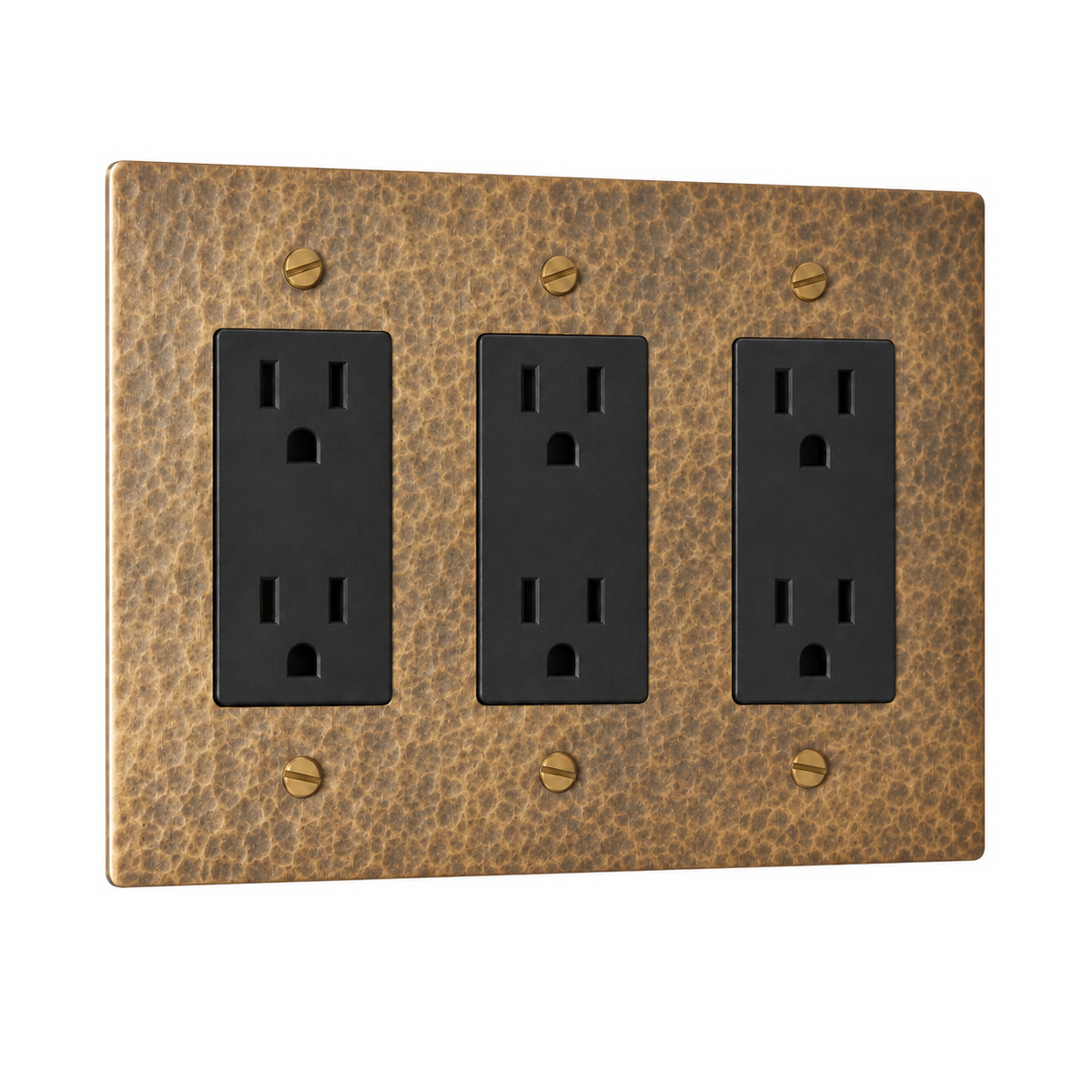 3-Gang Solid Brass Duplex Outlets — 6 Receptacles in Hammered Antique Brass; 3 duplex outlets on a white background
