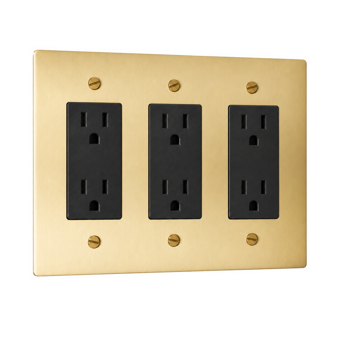 3-Gang Solid Brass Duplex Outlets — 6 Receptacles in Satin Brass; 3 duplex outlets on a white background