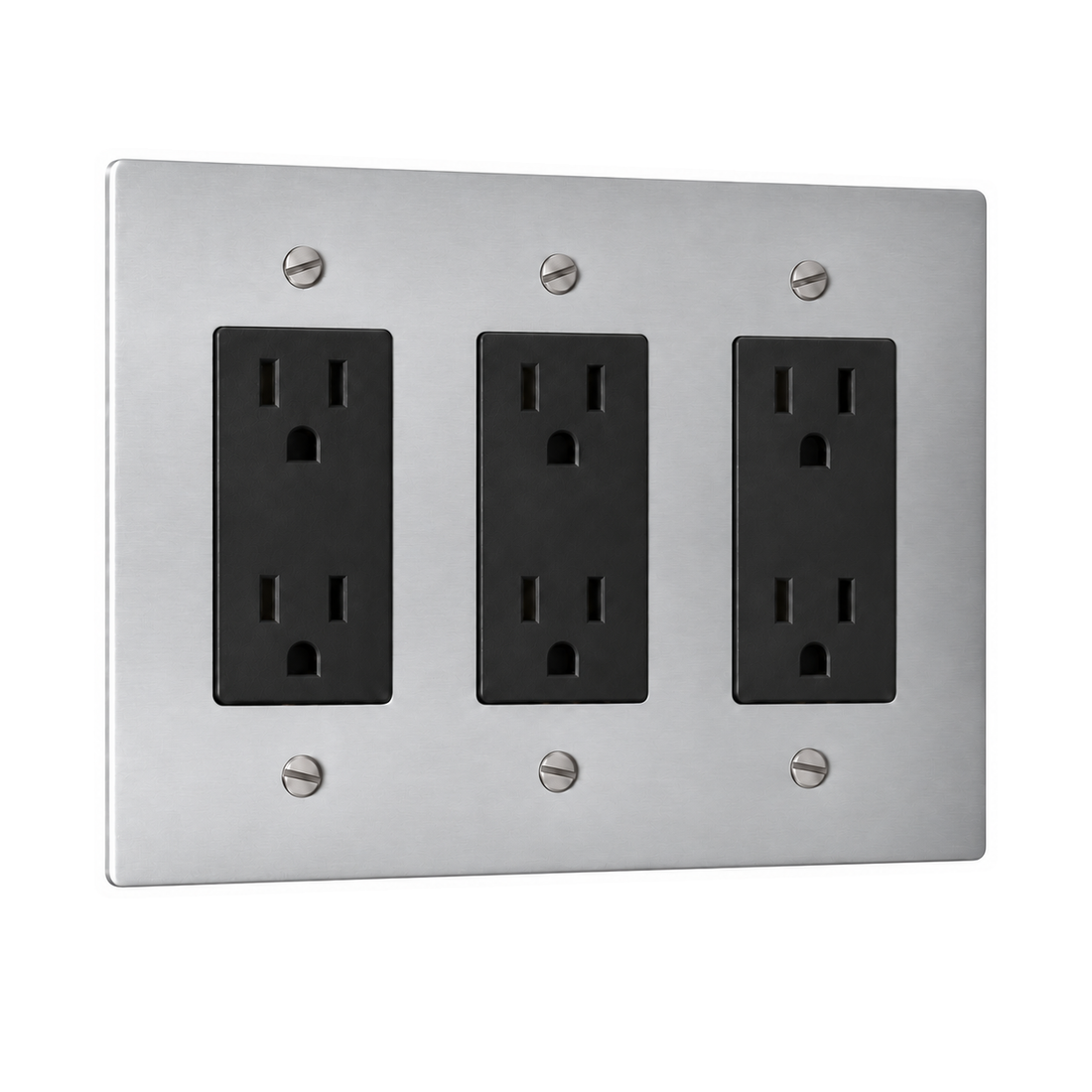 3-Gang Solid Brass Duplex Outlets — 6 Receptacles in Stainless Steel; 3 duplex outlets on a white background