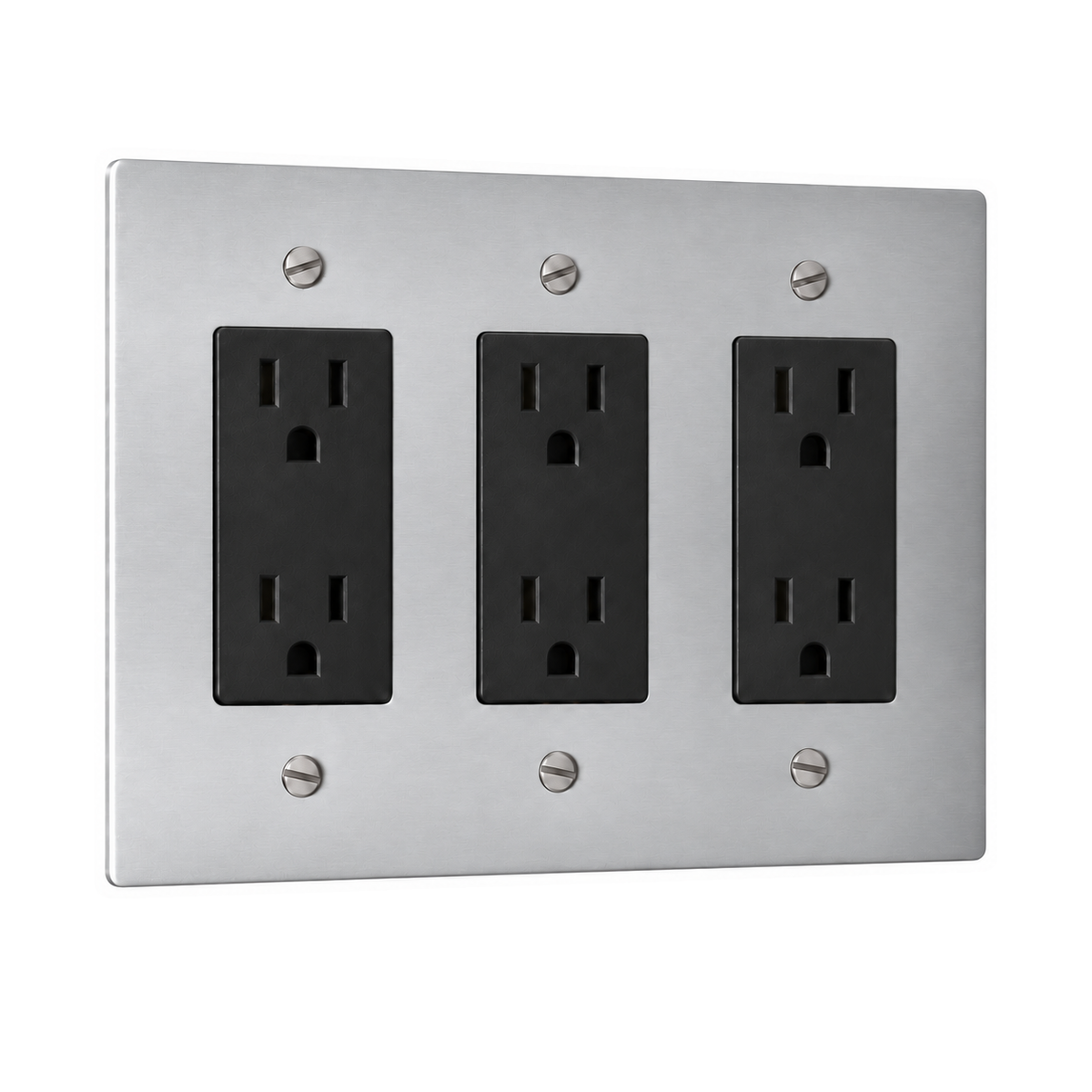 3-Gang Solid Brass Duplex Outlets — 6 Receptacles in Stainless Steel; 3 duplex outlets on a white background