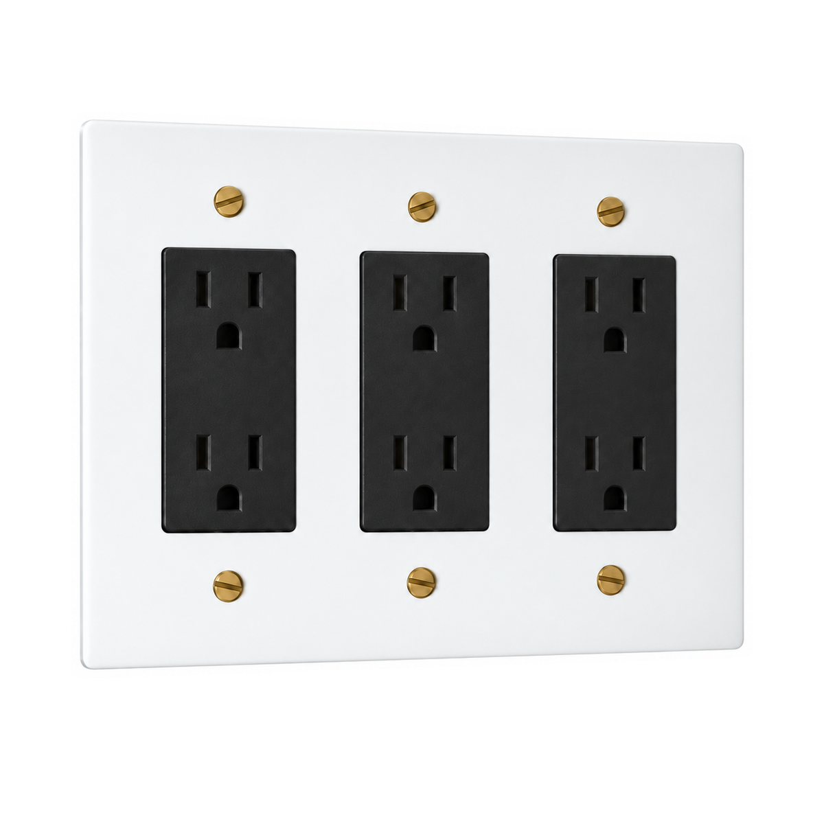 3-Gang Solid Brass Duplex Outlets — 6 Receptacles in White with Brass Accents; 3 duplex outlets on a white background