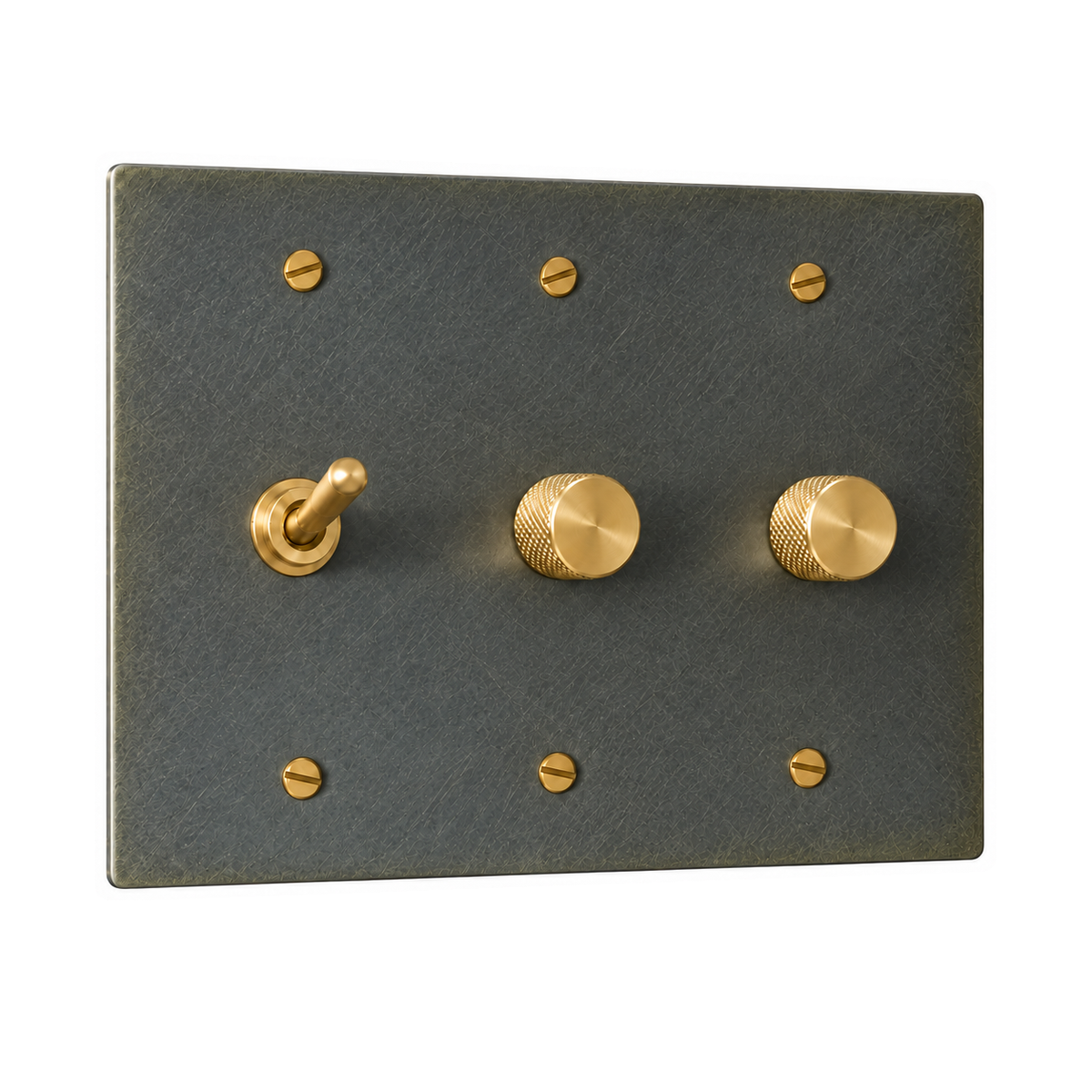 3-Gang Solid Brass Toggle Light Switch & 2 Rotary Dimmers in Aged Bronze (Hand-Brushed); 1 toggle + 2 rotary dimmers on a white background