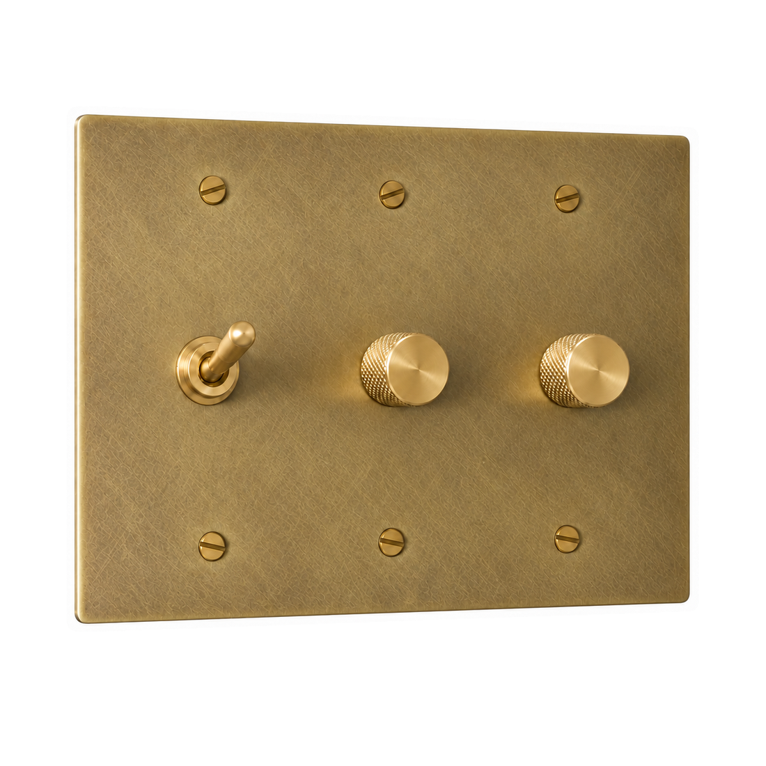 3-Gang Solid Brass Toggle Light Switch & 2 Rotary Dimmers in Satin Brass; 1 toggle + 2 rotary dimmers on a white background