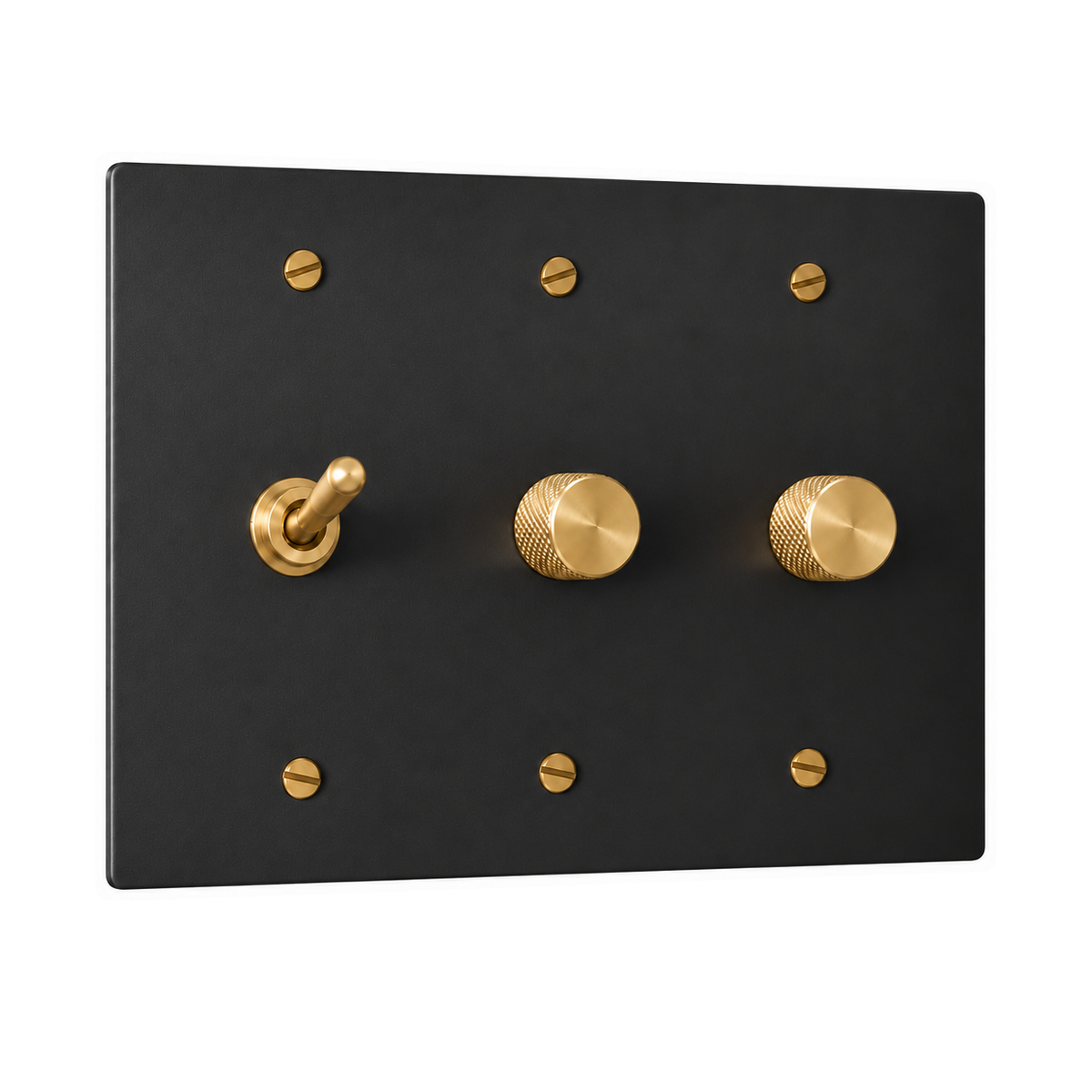 3-Gang Solid Brass Toggle Light Switch & 2 Rotary Dimmers in Black with Brass Accents; 1 toggle + 2 rotary dimmers on a white background
