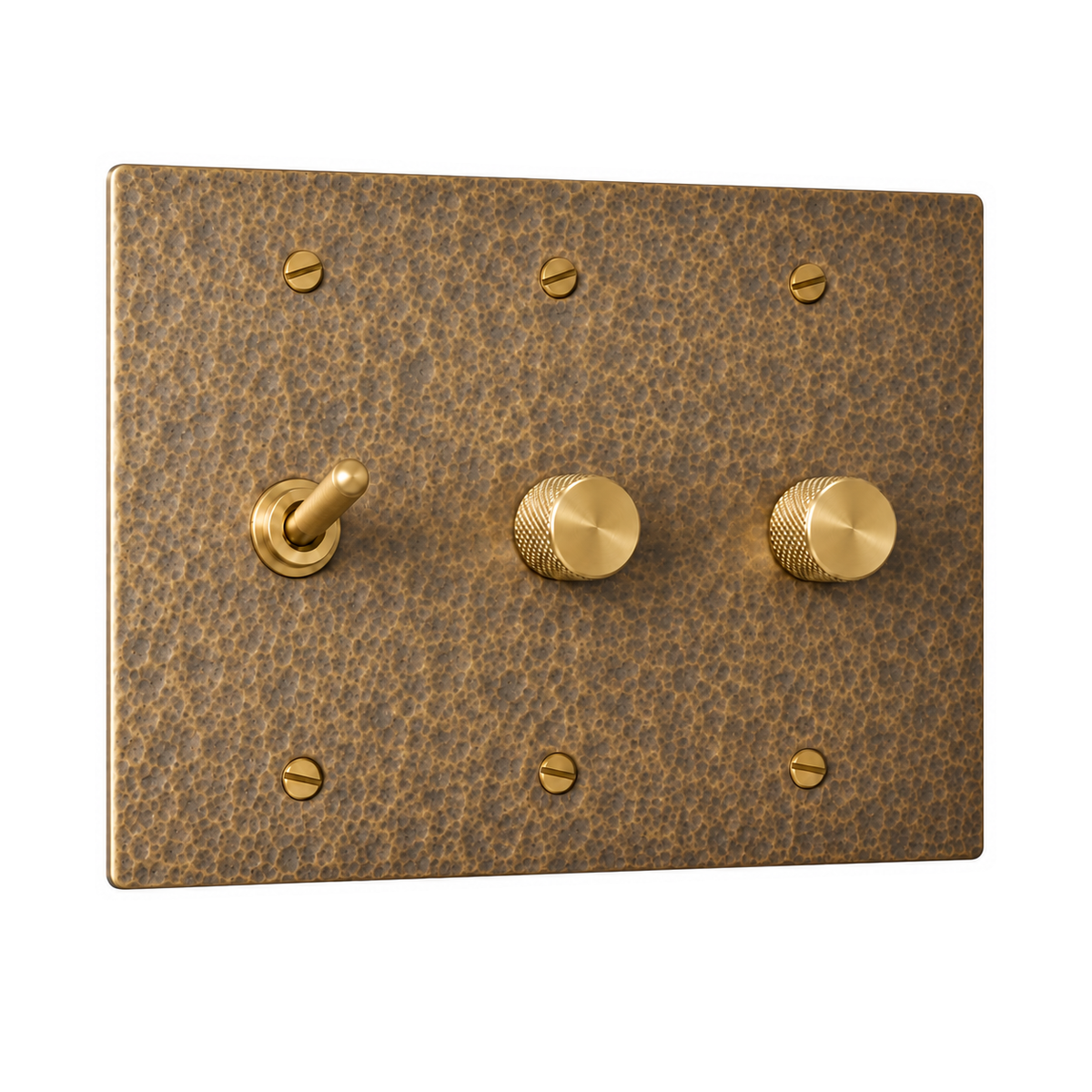 3-Gang Solid Brass Toggle Light Switch & 2 Rotary Dimmers in Hammered Antique Brass; 1 toggle + 2 rotary dimmers on a white background