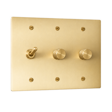 3-Gang Solid Brass Toggle Light Switch & 2 Rotary Dimmers in Satin Brass; 1 toggle + 2 rotary dimmers on a white background