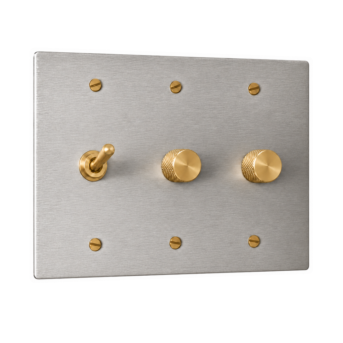 3-Gang Solid Brass Toggle Light Switch & 2 Rotary Dimmers in Stainless Steel; 1 toggle + 2 rotary dimmers on a white background