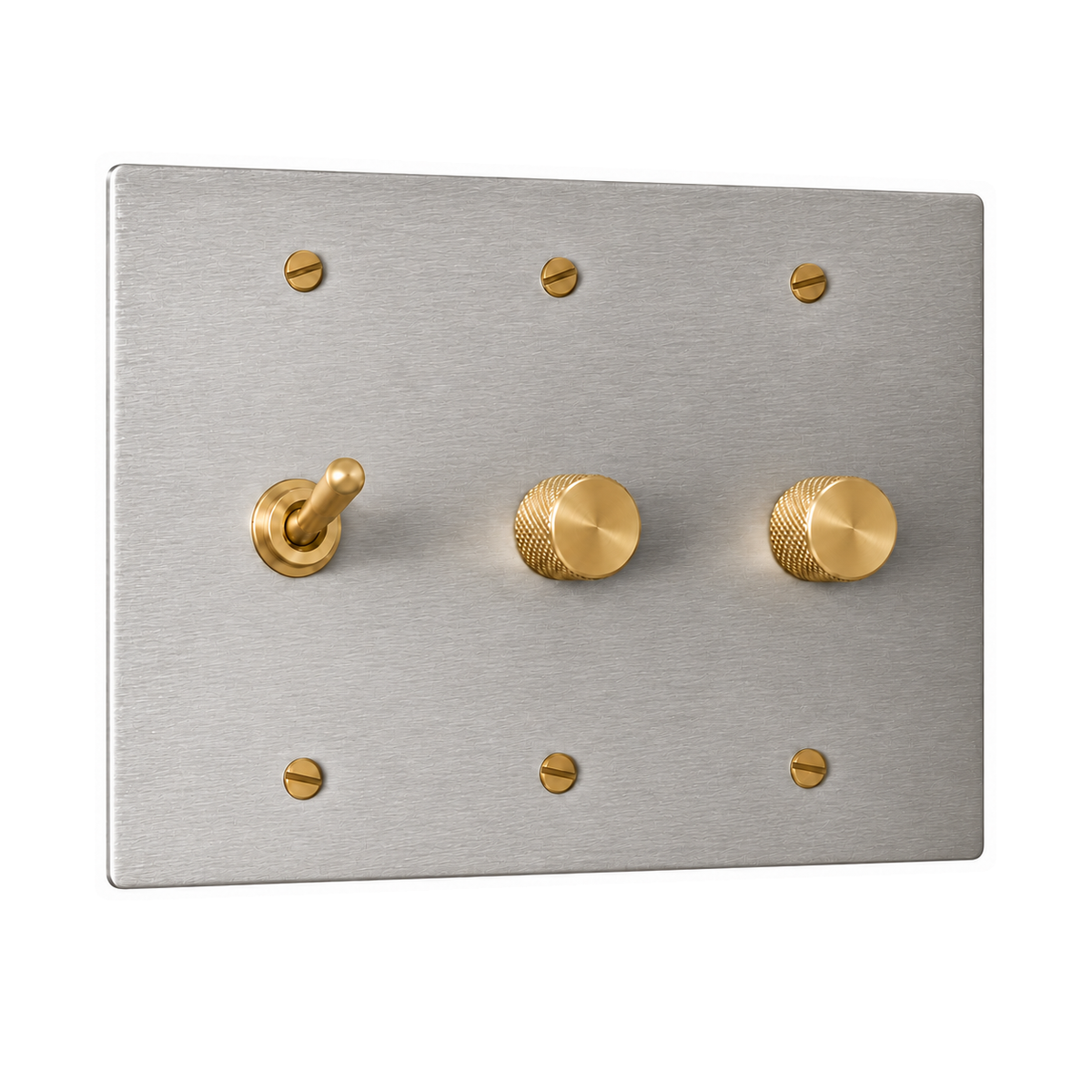 3-Gang Solid Brass Toggle Light Switch & 2 Rotary Dimmers in Stainless Steel; 1 toggle + 2 rotary dimmers on a white background