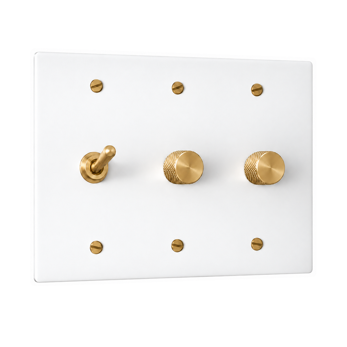 3-Gang Solid Brass Toggle Light Switch & 2 Rotary Dimmers in White with Brass Accents; 1 toggle + 2 rotary dimmers on a white background