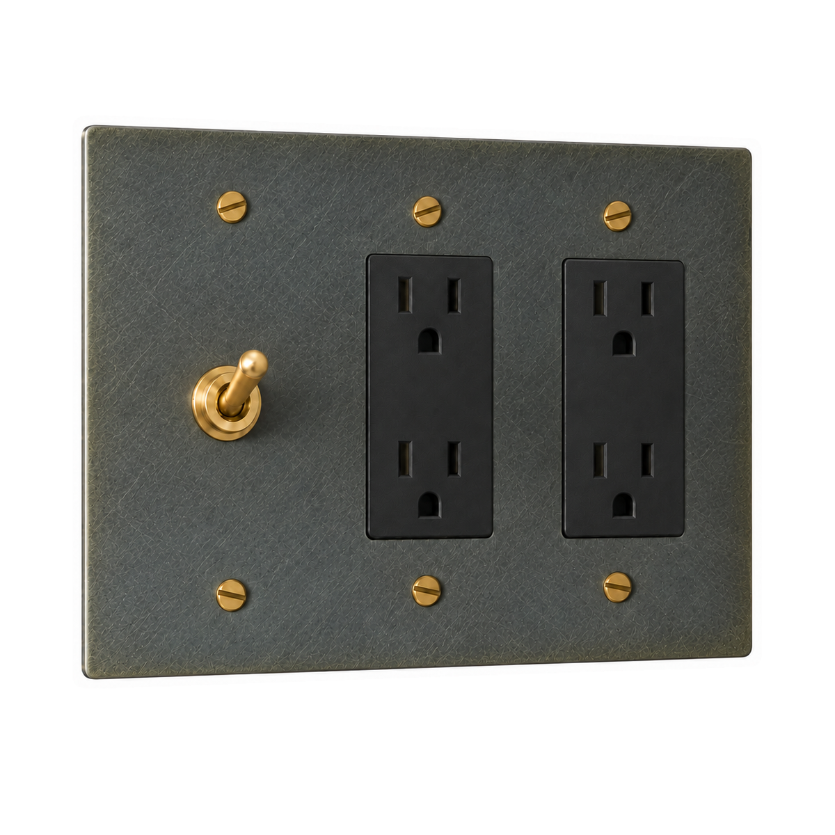 3-Gang Solid Brass Toggle Light Switch & 2 Duplex Outlets in Aged Bronze (Hand-Brushed); 1 toggle + 2 duplex outlets on a white background