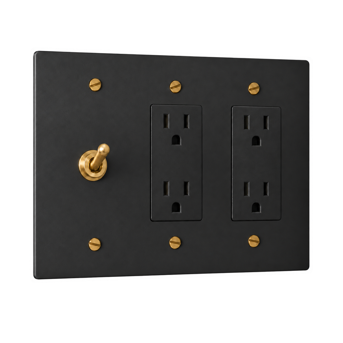 3-Gang Solid Brass Toggle Light Switch & 2 Duplex Outlets in Black with Brass Accents; 1 toggle + 2 duplex outlets on a white background