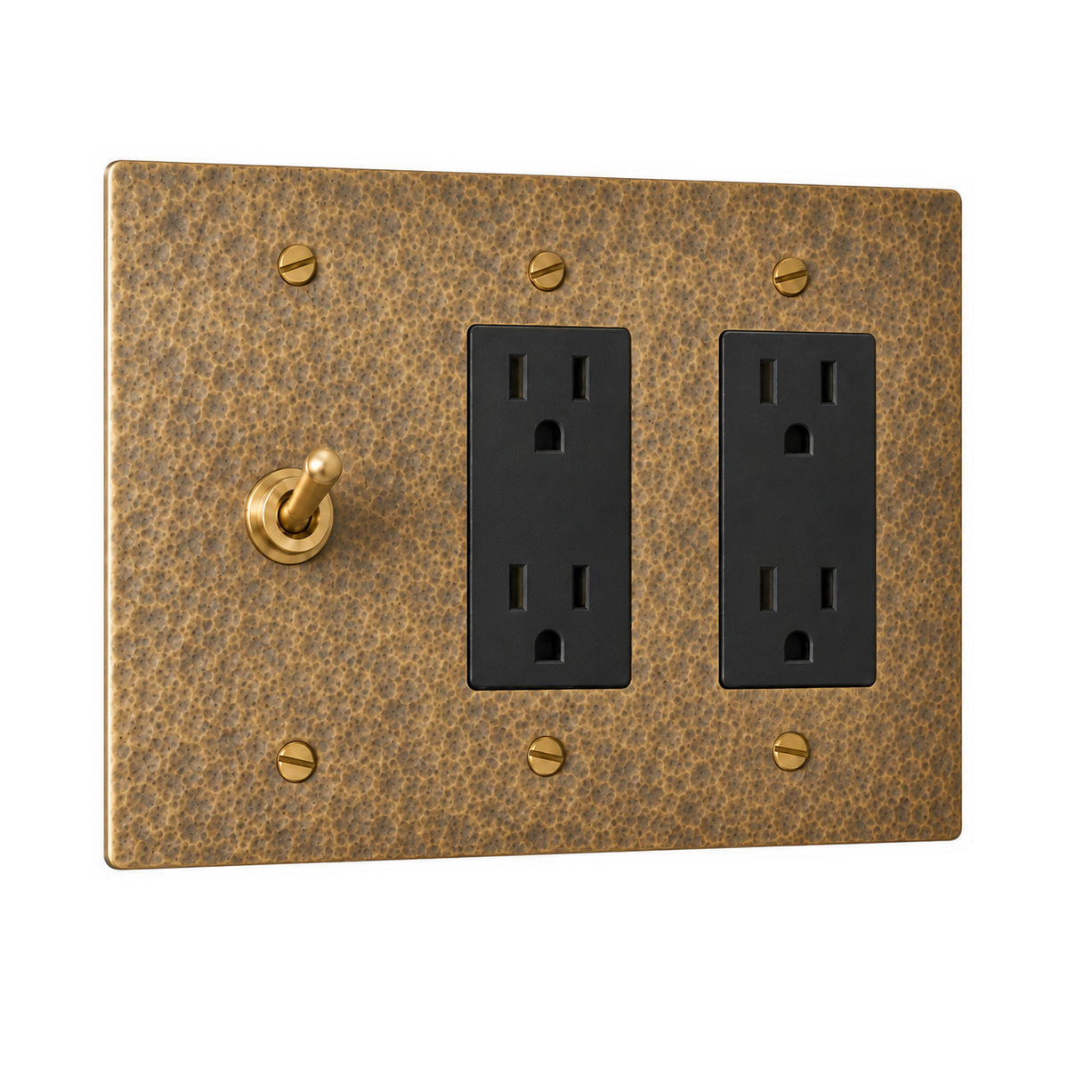 3-Gang Solid Brass Toggle Light Switch & 2 Duplex Outlets in Hammered Antique Brass; 1 toggle + 2 duplex outlets on a white background