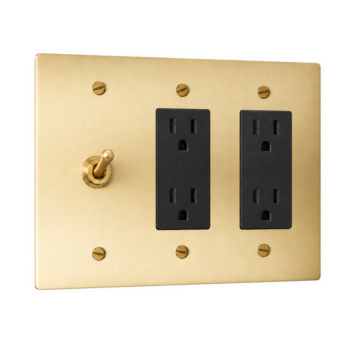 3-Gang Solid Brass Toggle Light Switch & 2 Duplex Outlets in Satin Brass; 1 toggle + 2 duplex outlets on a white background