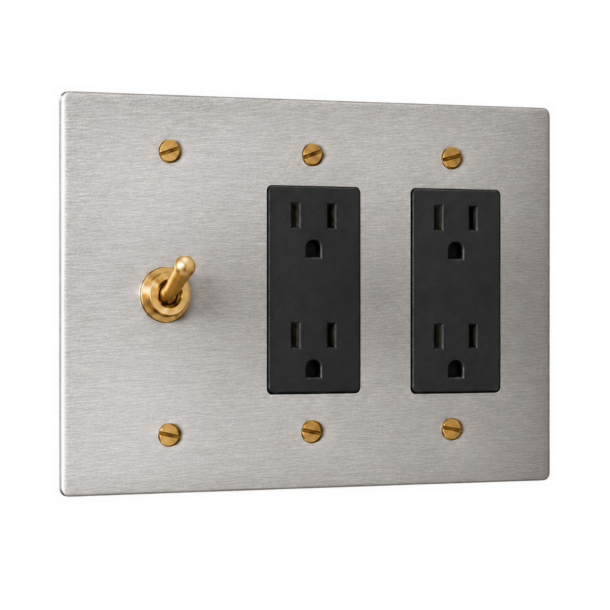 3-Gang Solid Brass Toggle Light Switch & 2 Duplex Outlets in Stainless Steel; 1 toggle + 2 duplex outlets on a white background