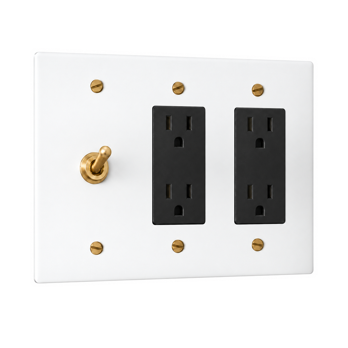 3-Gang Solid Brass Toggle Light Switch & 2 Duplex Outlets in White with Brass Accents; 1 toggle + 2 duplex outlets on a white background