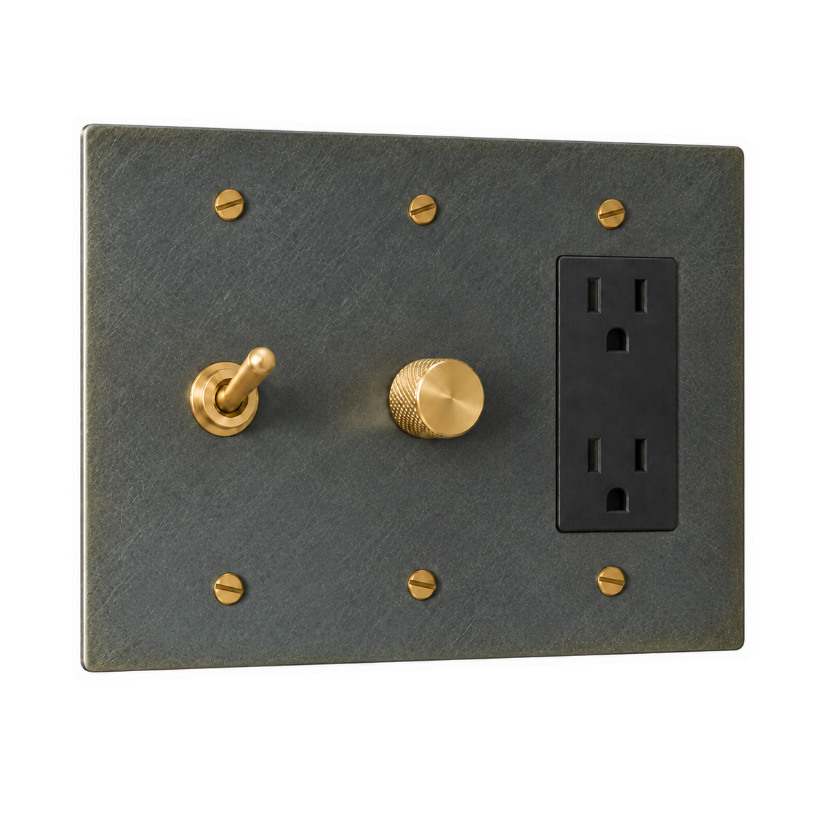3-Gang Solid Brass Toggle Light Switch, Dimmer & Duplex Outlet in Aged Bronze (Hand-Brushed); 1 toggle + 1 rotary dimmer + 1 duplex outlet on a white background
