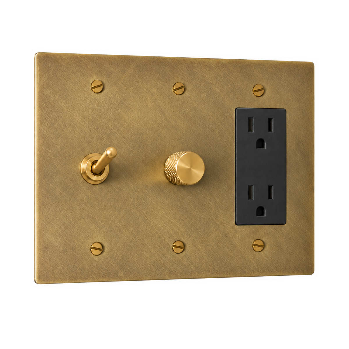 3-Gang Solid Brass Toggle Light Switch, Dimmer & Duplex Outlet in Antique Brass (Hand-Brushed); 1 toggle + 1 rotary dimmer + 1 duplex outlet on a white background