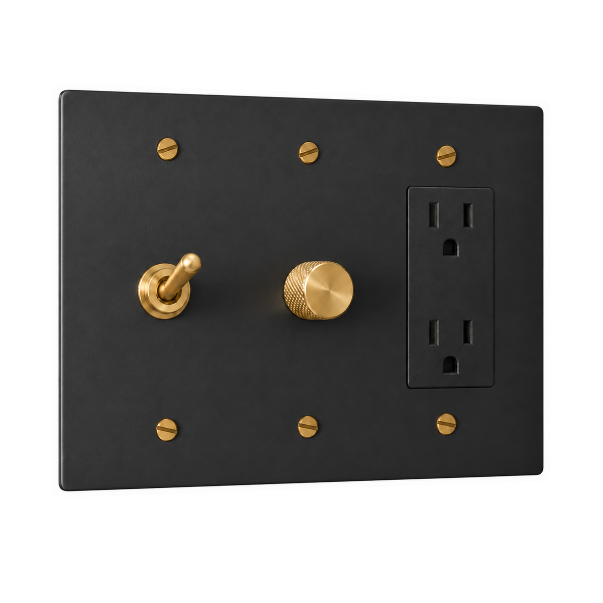 3-Gang Solid Brass Toggle Light Switch, Dimmer & Duplex Outlet in Black with Brass Accents; 1 toggle + 1 rotary dimmer + 1 duplex outlet on a white background