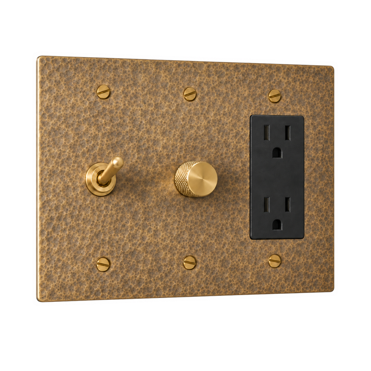 3-Gang Solid Brass Toggle Light Switch, Dimmer & Duplex Outlet in Hammered Antique Brass; 1 toggle + 1 rotary dimmer + 1 duplex outlet on a white background