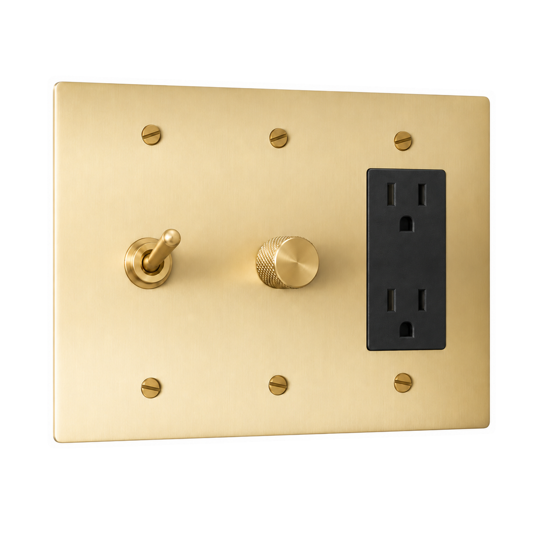 3-Gang Solid Brass Toggle Light Switch, Dimmer & Duplex Outlet in Satin Brass; 1 toggle + 1 rotary dimmer + 1 duplex outlet on a white background