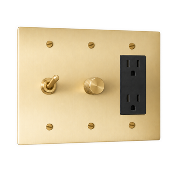 3-Gang Solid Brass Toggle Light Switch, Dimmer & Duplex Outlet in Satin Brass; 1 toggle + 1 rotary dimmer + 1 duplex outlet on a white background