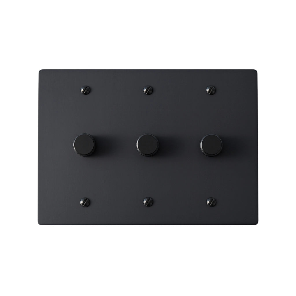 Matte black triple dimmer switch with three rotary knobs — contemporary multi-light dimmer panel for home lighting control