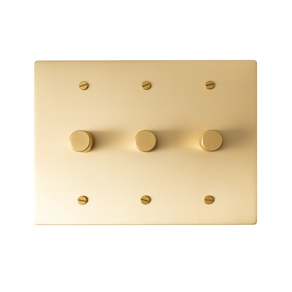 3 gang Bronze brass dimmer switch plate with antique knob on a white background