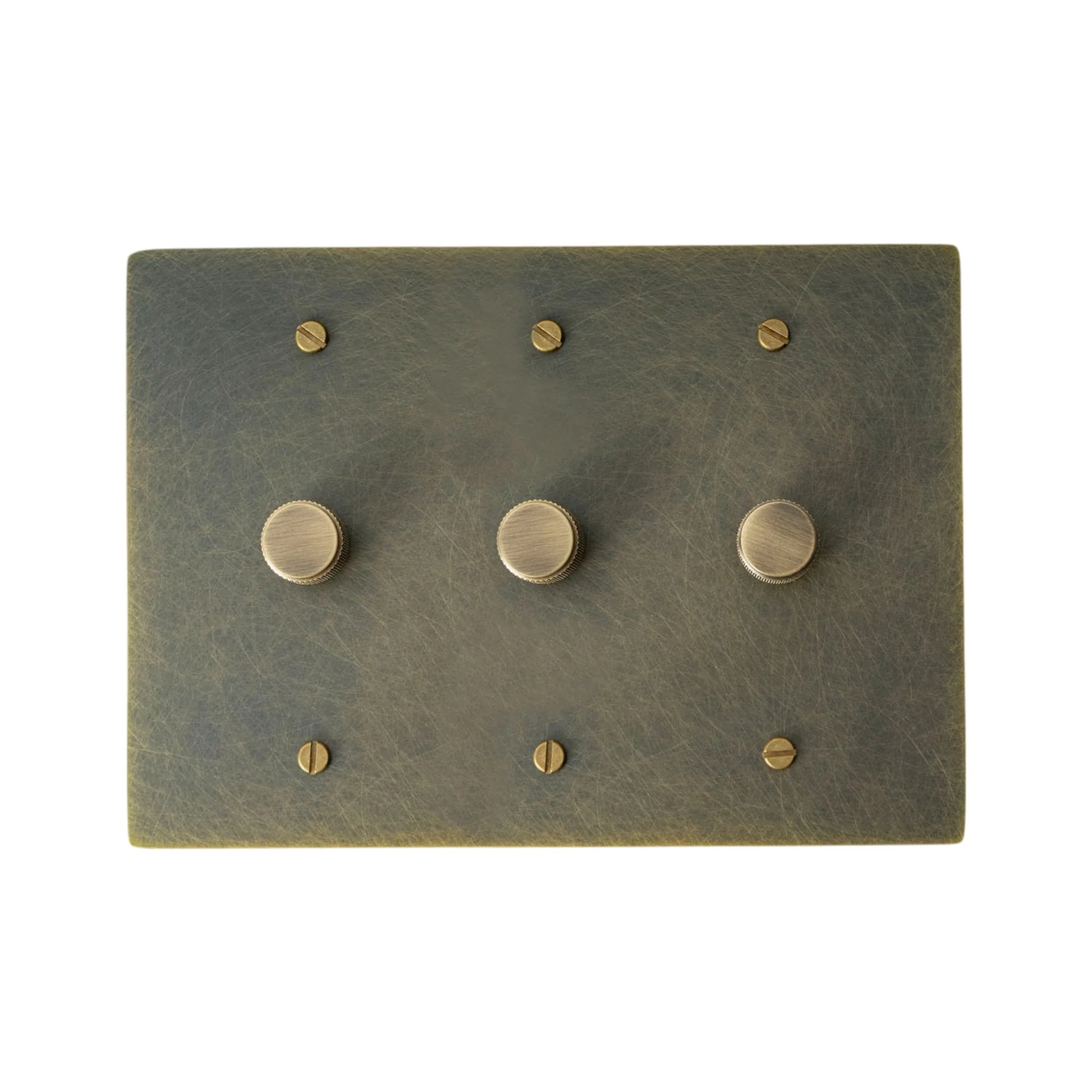 3 gang Bronze brass dimmer switch plate with antique knob on a white background