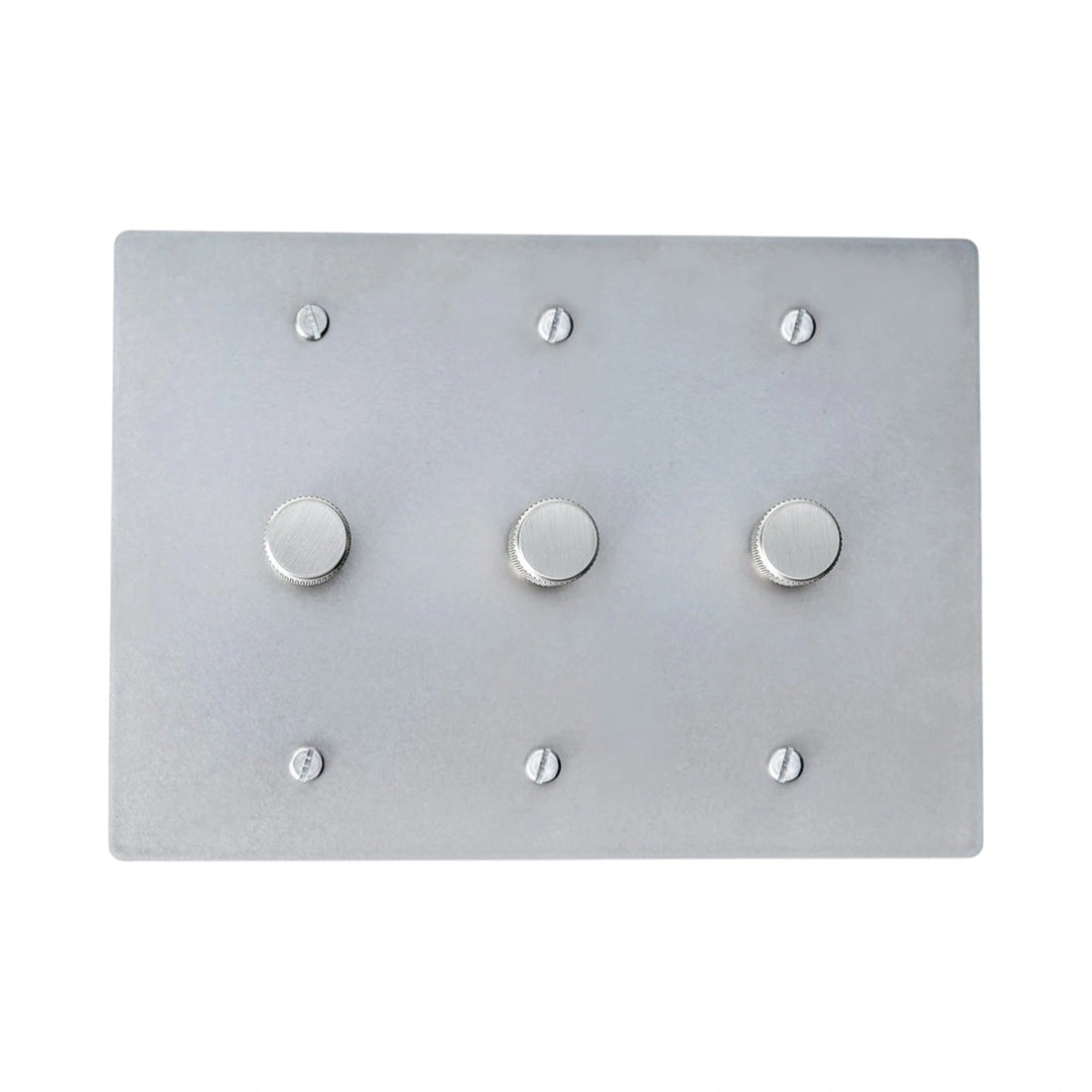 Three gang brushed nickel dimmer switch panel with smooth control knobs and satin brushed surface.