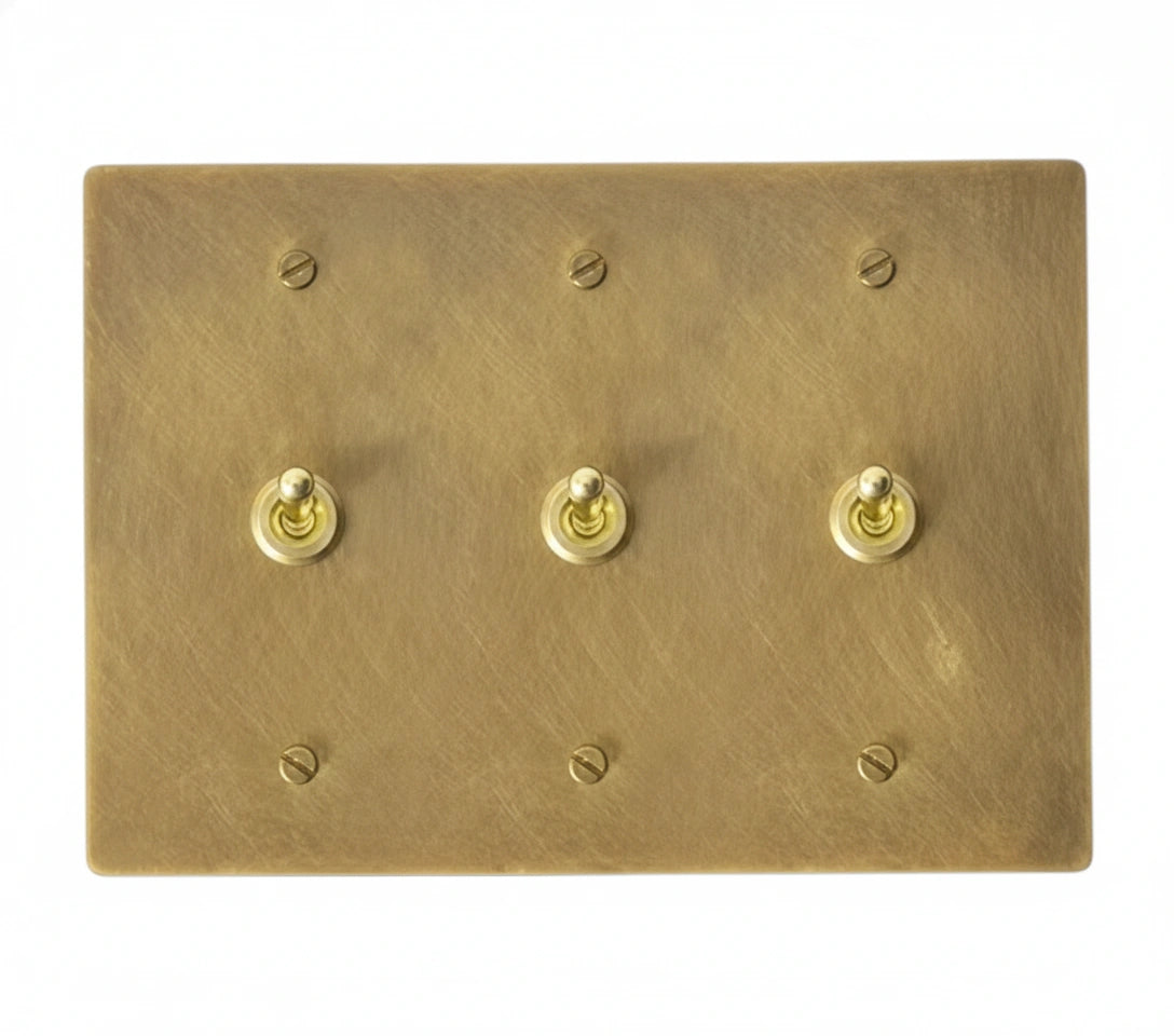 3-gang solid brass retro toggle light switch in antique brass finish
