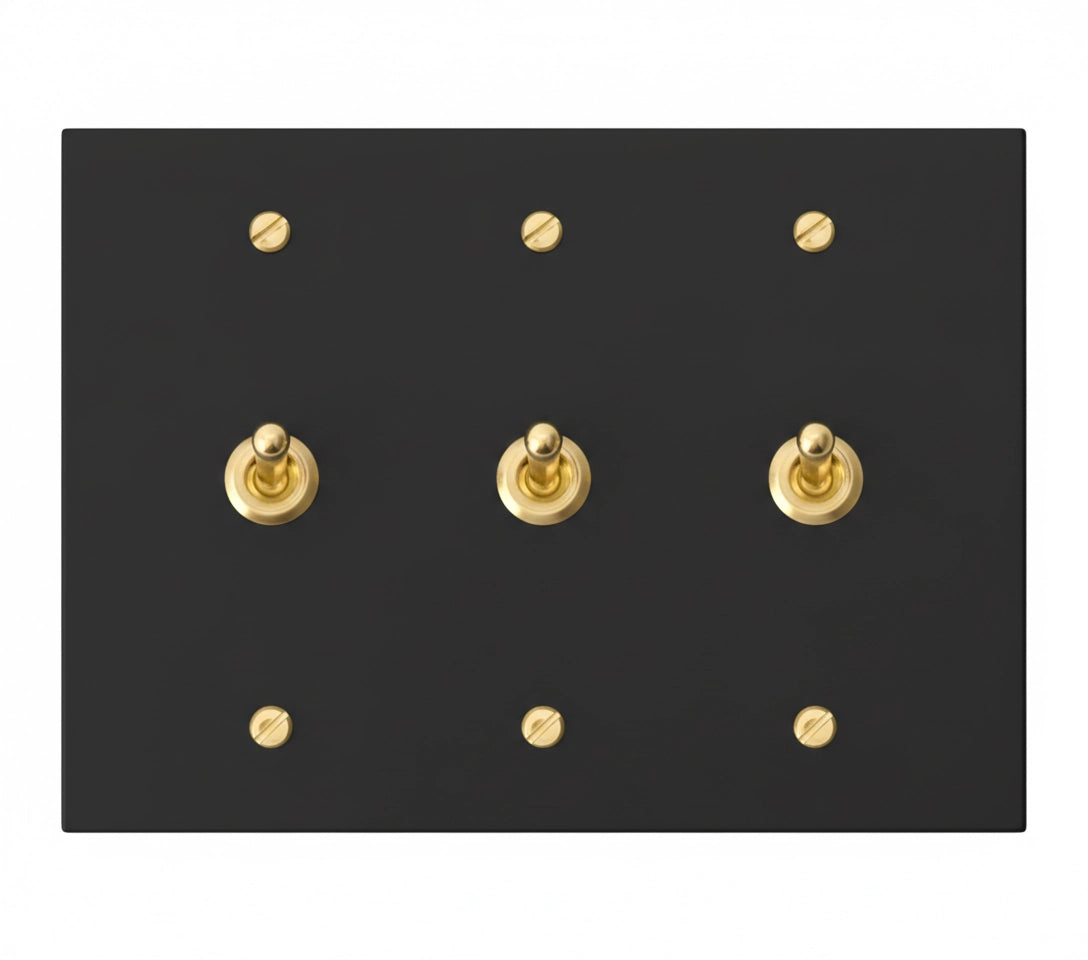3-gang solid brass retro toggle light switch in matte black finish