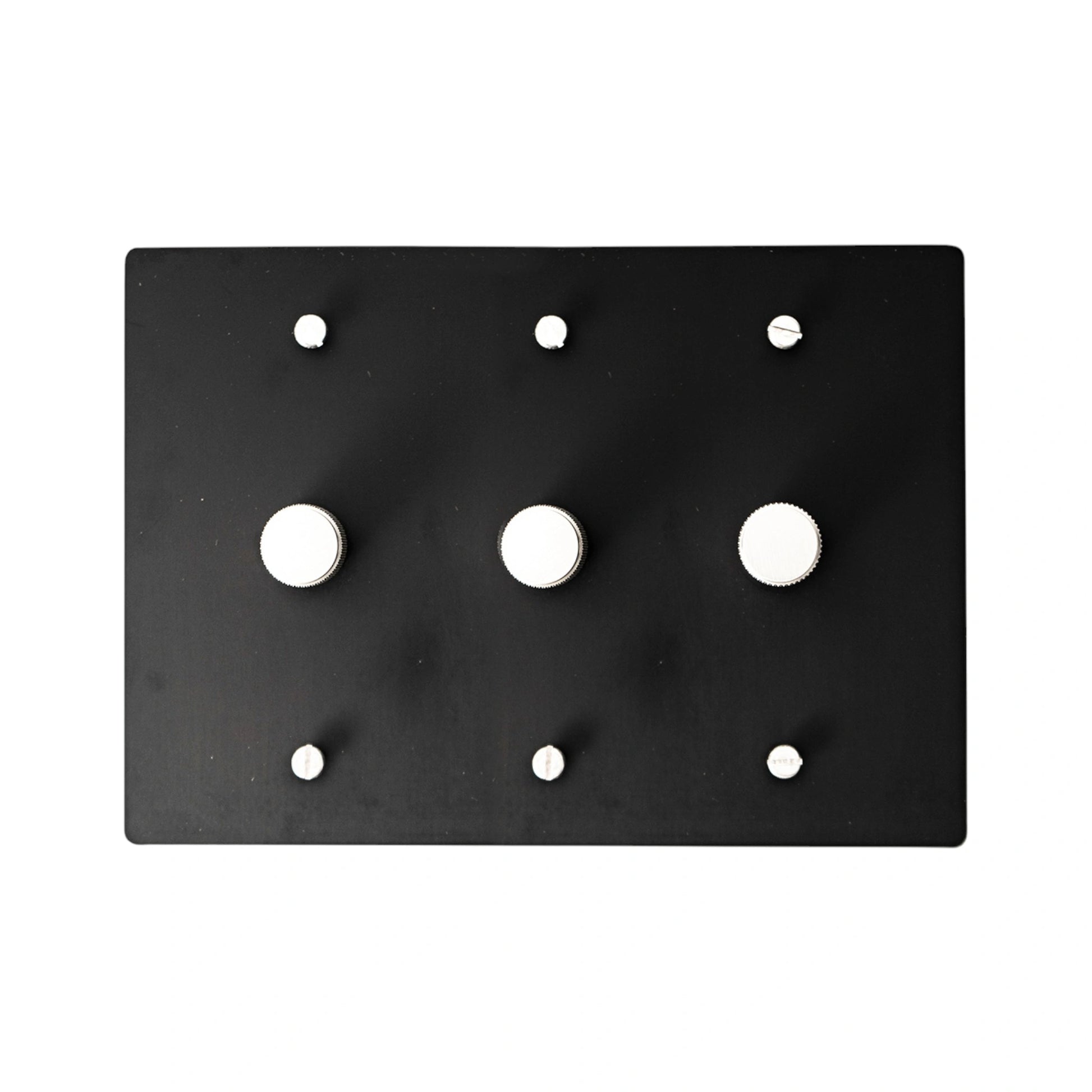 Black 3 gang dimmer switch 2ith silver knobs on a white background
