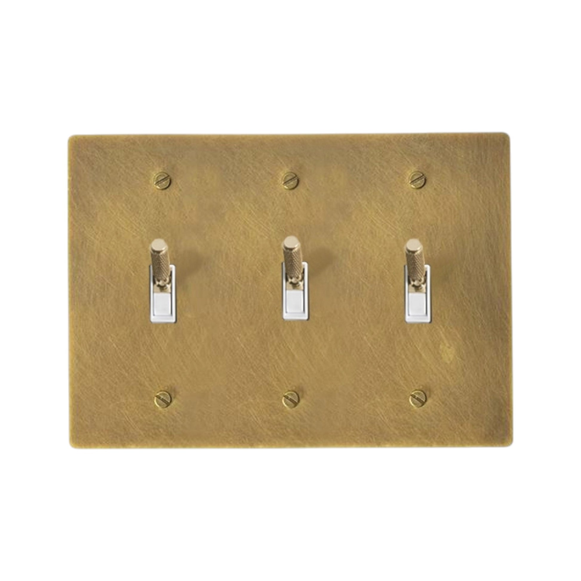 Antique brass 3-gang knurled toggle switch plate, hand-brushed