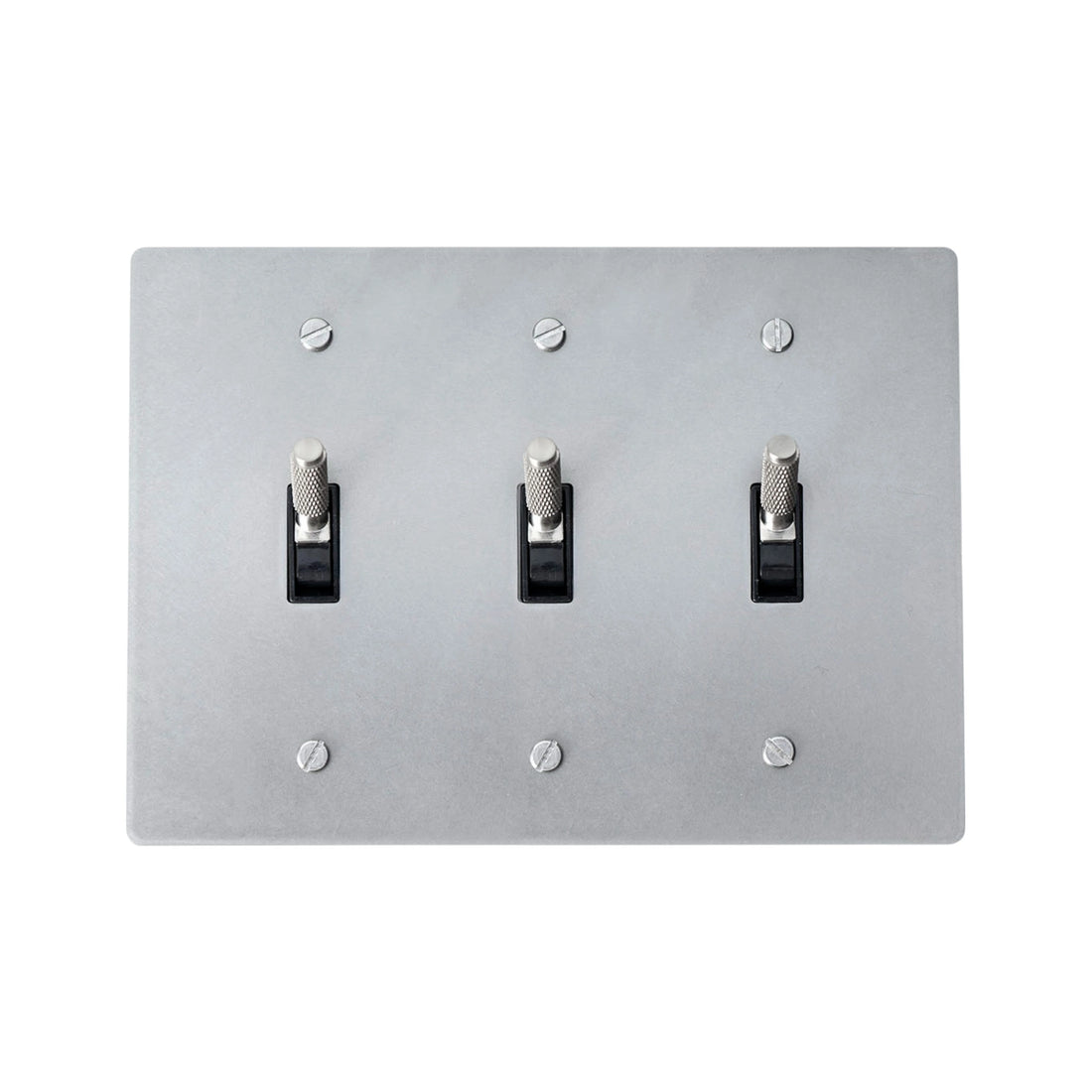 3-gang knurled toggle light switch plate in stainless steel finish, front view