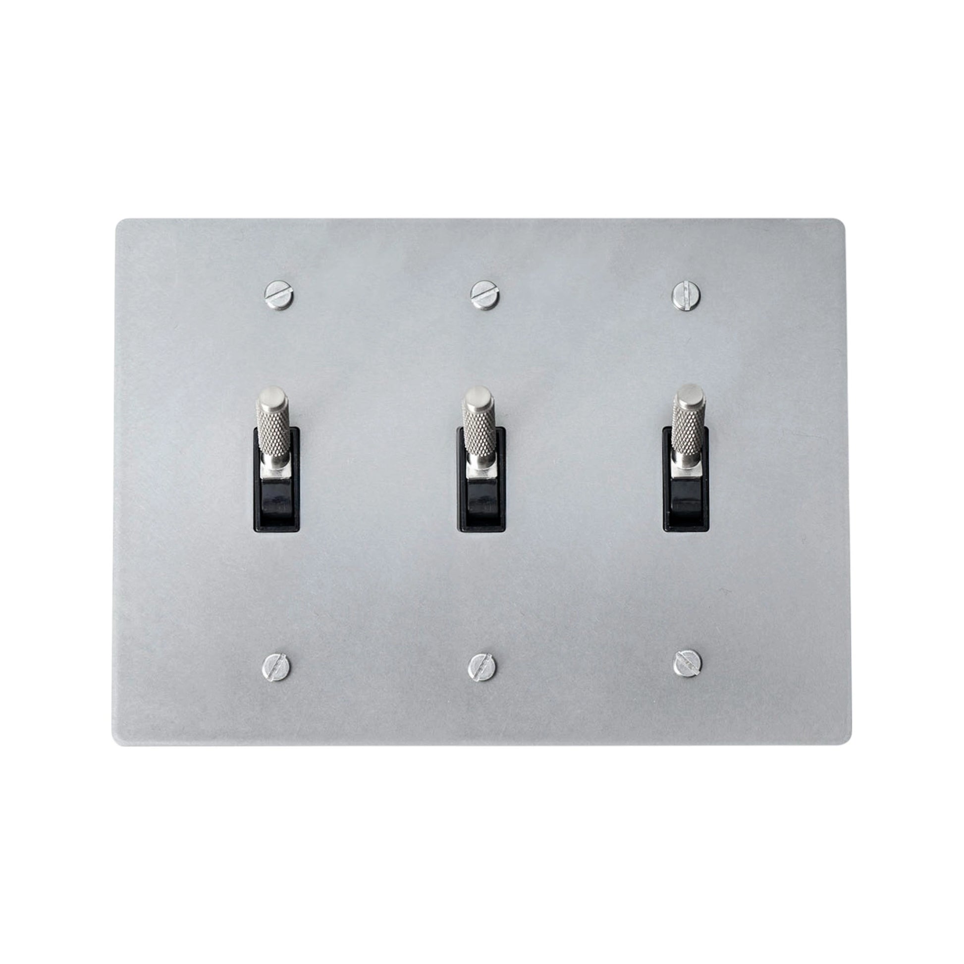 3-gang knurled toggle light switch plate in stainless steel finish, front view