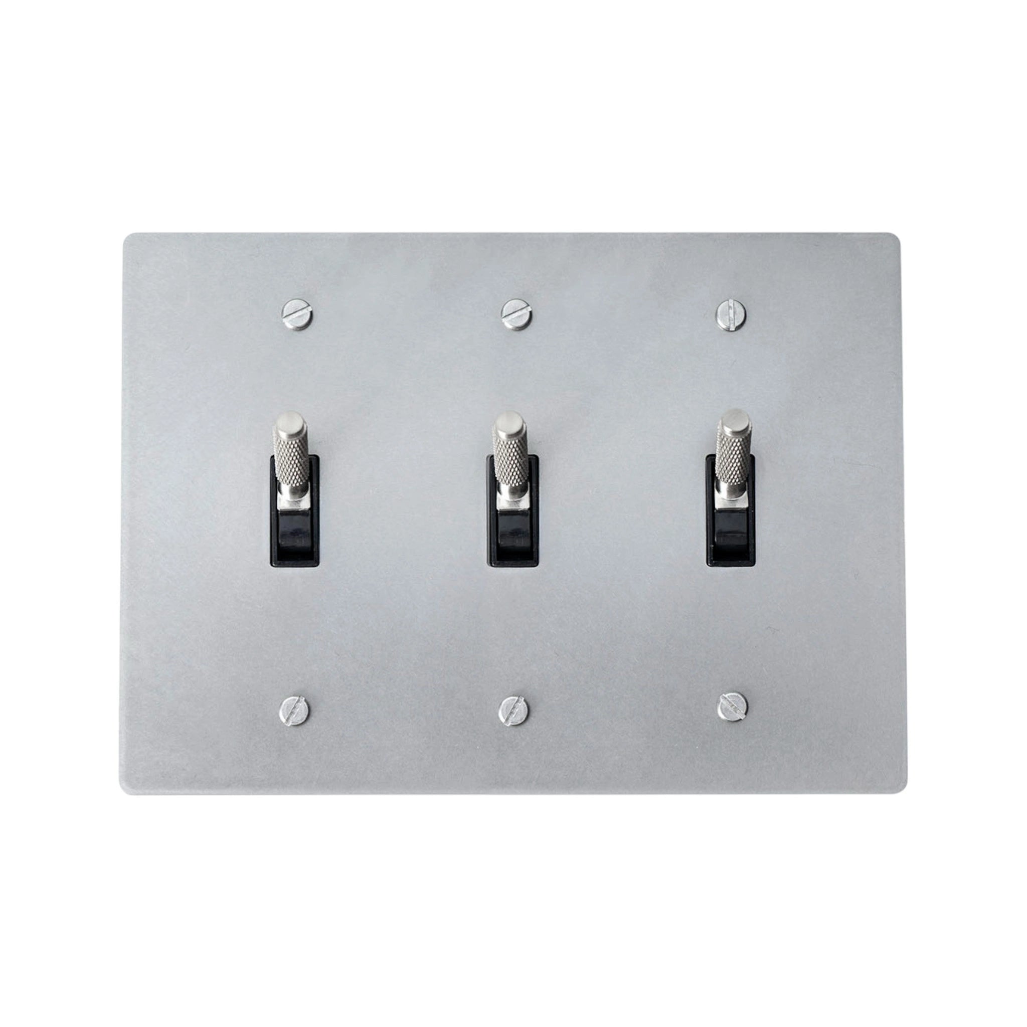 3-gang knurled toggle light switch plate in stainless steel finish, front view