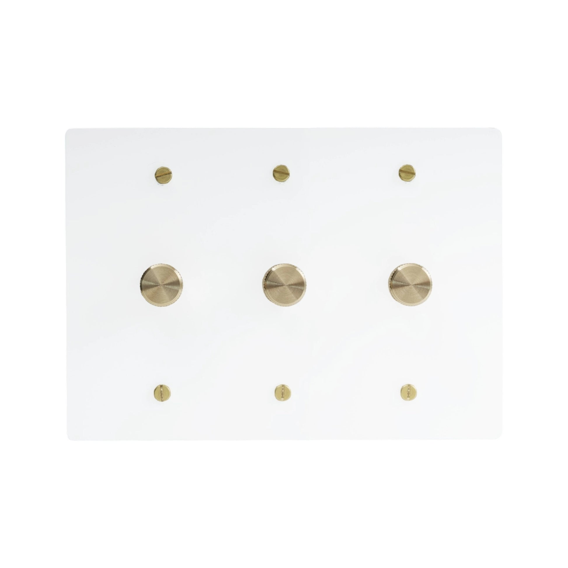 Three gang white dimmer switch with brushed brass control knobs and smooth white finish.
