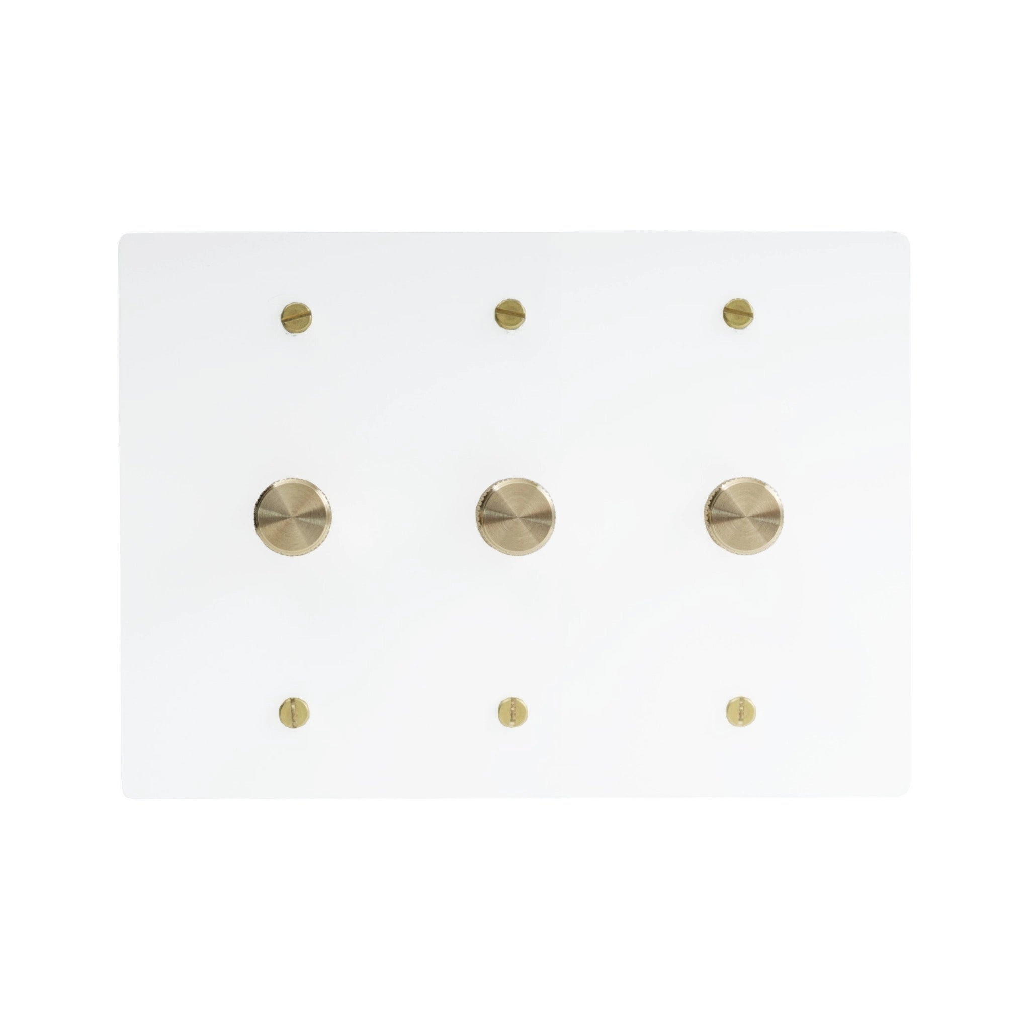 Three gang white dimmer switch with brushed brass control knobs and smooth white finish.